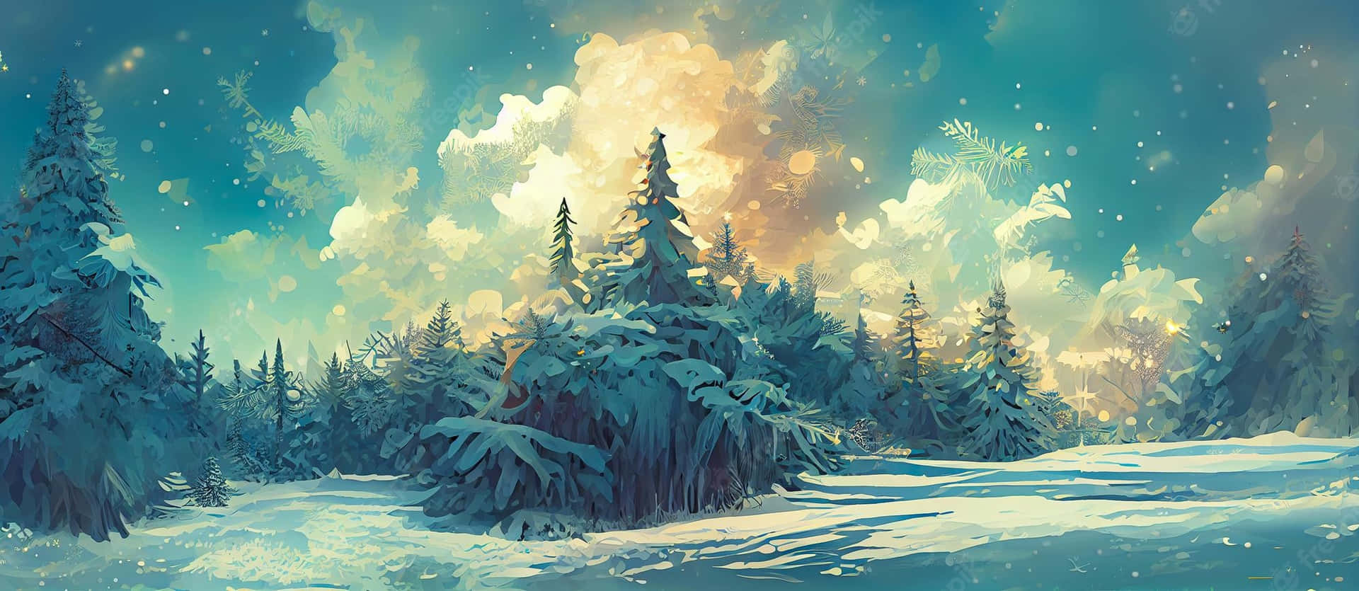 日落時分白雪覆蓋的松樹林，發光的雲朵和飄落的松針。