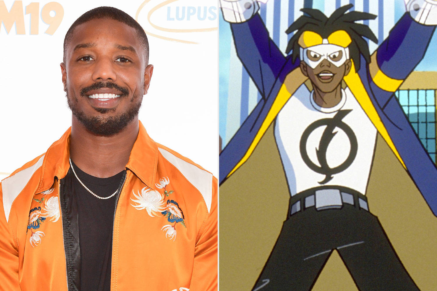 靜電衝擊與喬丹 壁紙 — 演員 Michael B Jordan 身穿橙色外套與帶有黃色閃電標誌的動畫超級英雄角色的並排肖像。
