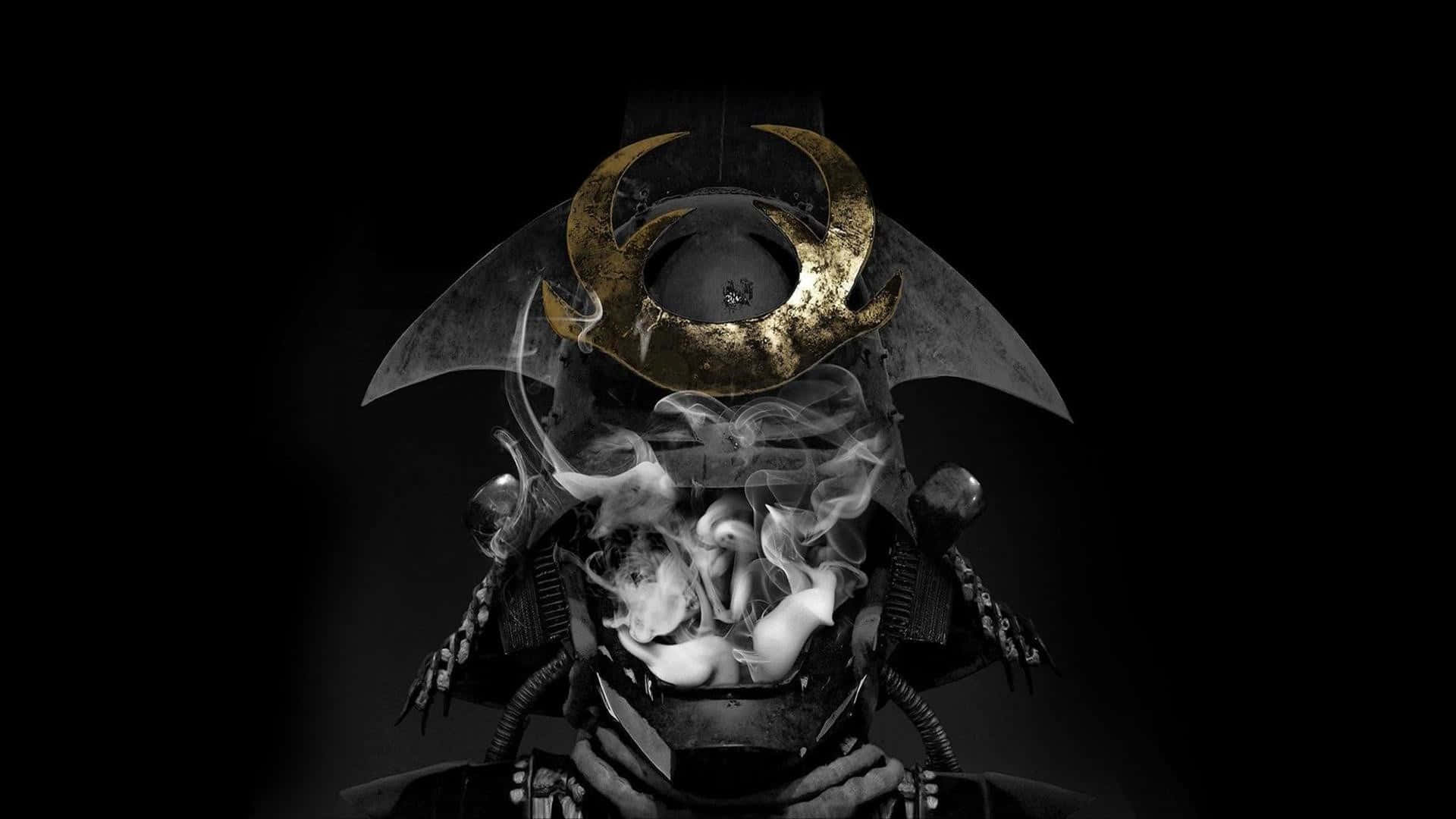 帶有金色新月紋章的武士頭盔在黑色背景上噴出煙霧。