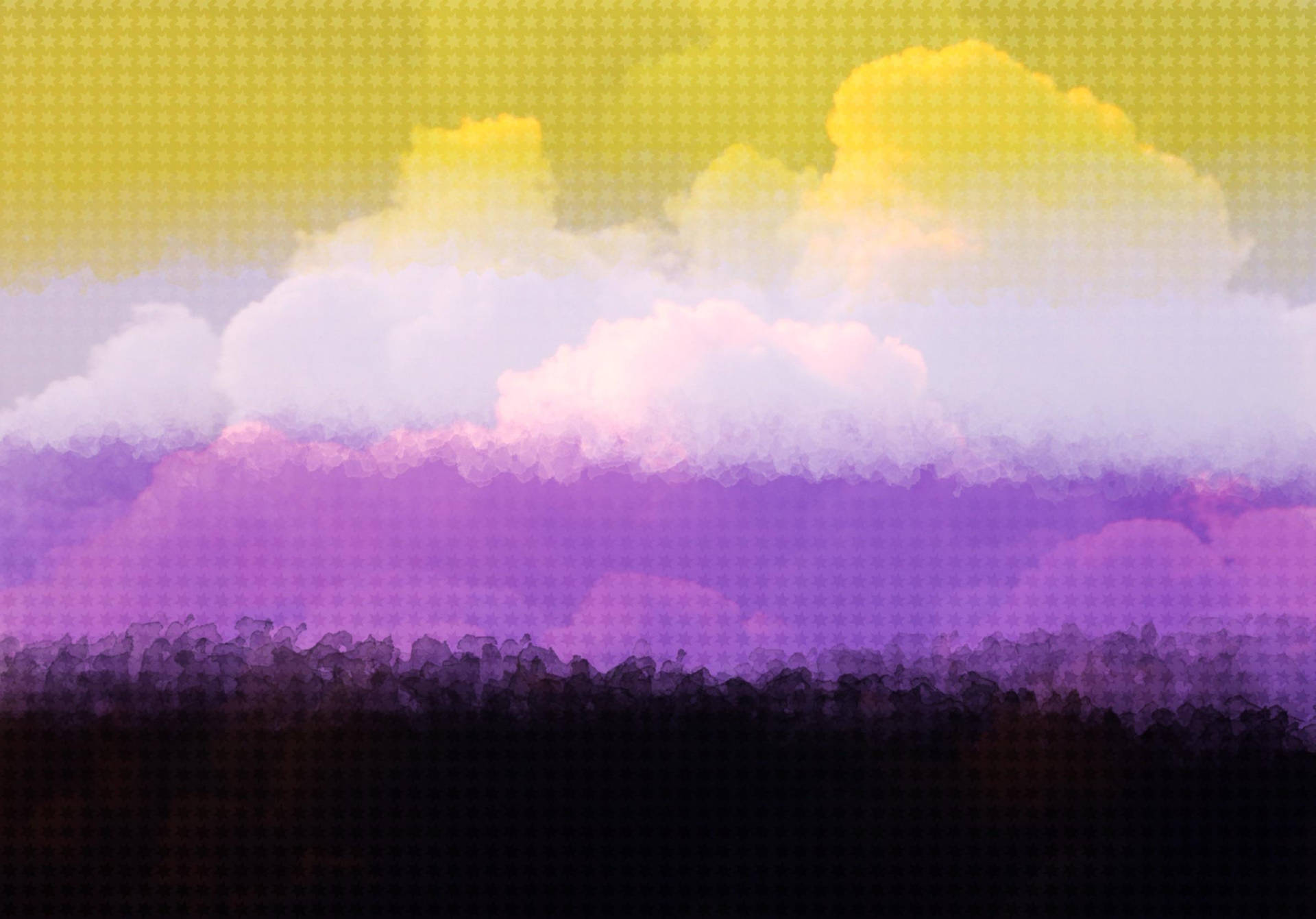 充滿活力的日落天空，紫色和黃色的雲彩籠罩在黑暗的山丘之上。