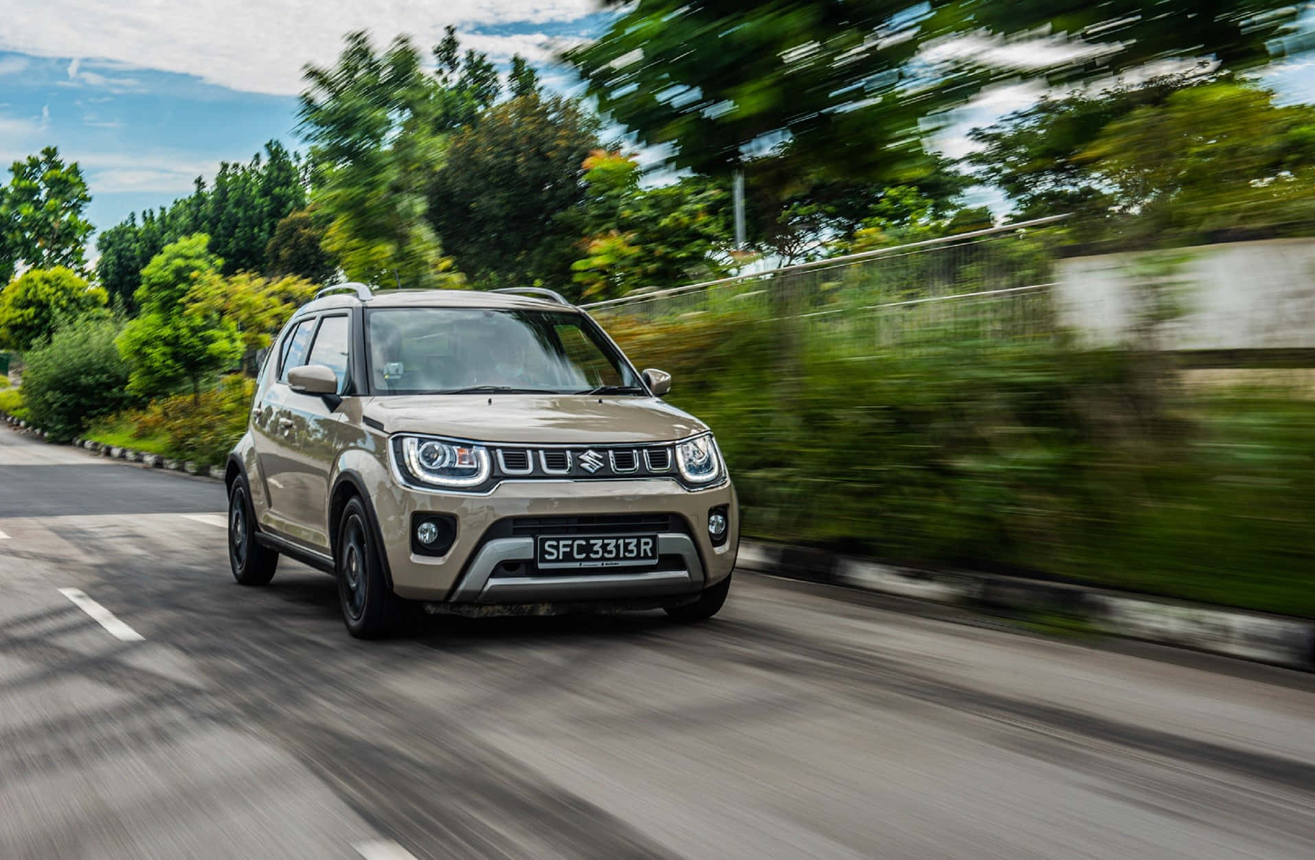 米色 SUV 在綠樹成蔭的道路上疾馳，帶有動態模糊效果。