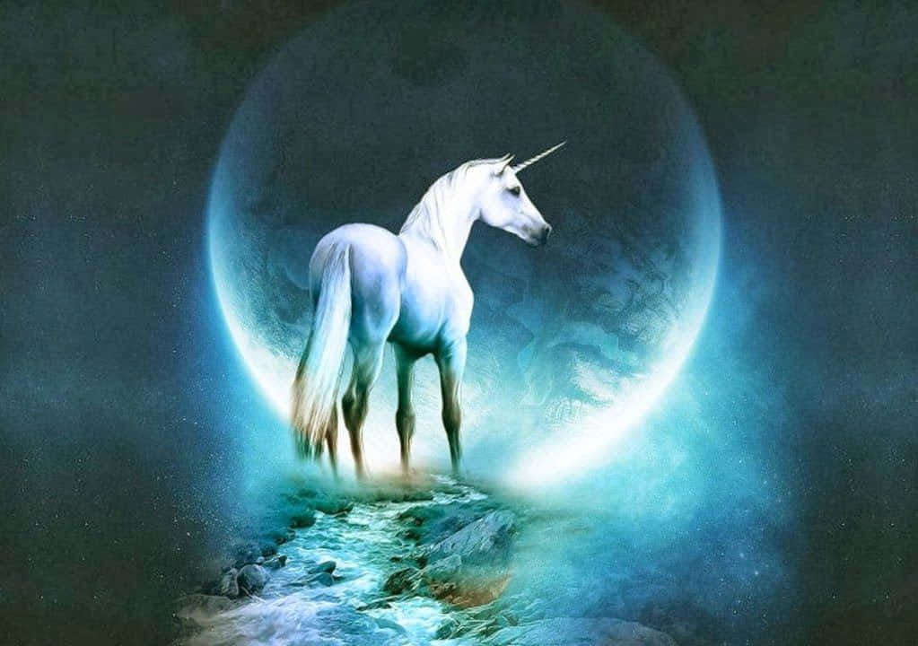 一頭白色獨角獸站在發光的新月上，處於星光燦爛的宇宙場景中。