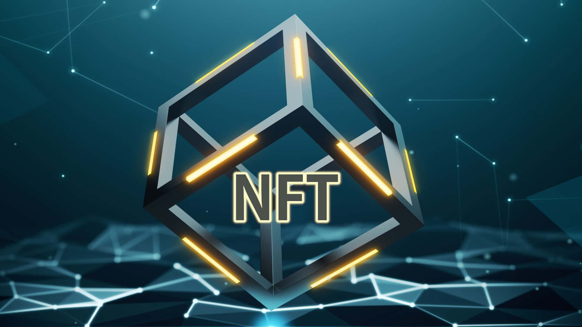一個發光的NFT立方體漂浮在數碼網絡空間中。