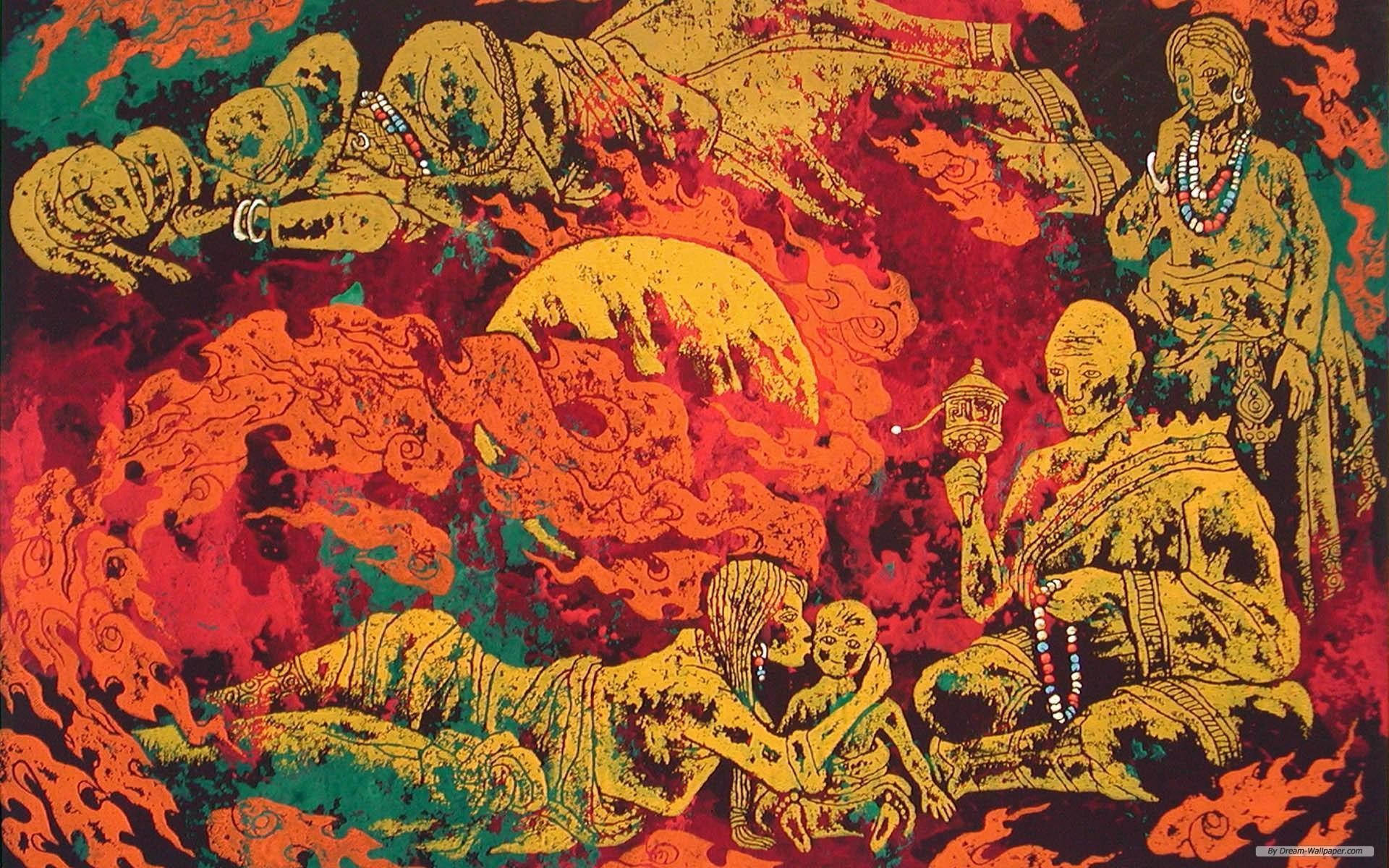 非洲太陽藝術 壁紙 — 充滿活力的迷幻藝術作品描繪了金色色調的精神人物，背景是旋轉的紅色和藍綠色火焰。