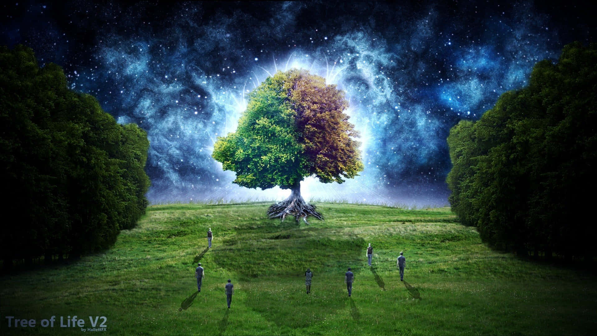 人們在星空下走向一棵發光的宇宙樹。