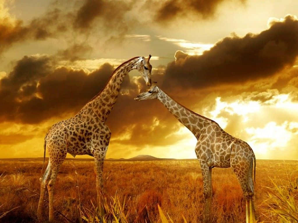 非洲野生動物日落獵豹景觀 壁紙 — 兩隻長頸鹿喺金色嘅大草原上，喺戲劇性嘅日落天空下互相挨擦。