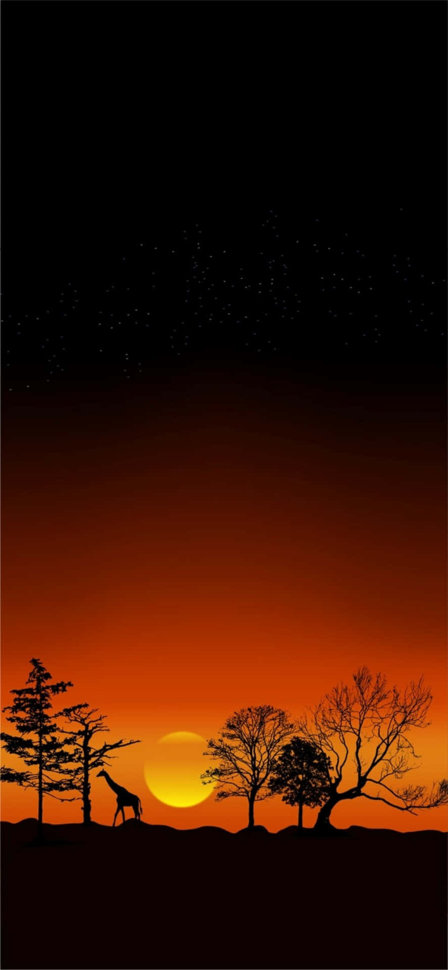 日落時長頸鹿剪影，有光禿樹木和星星