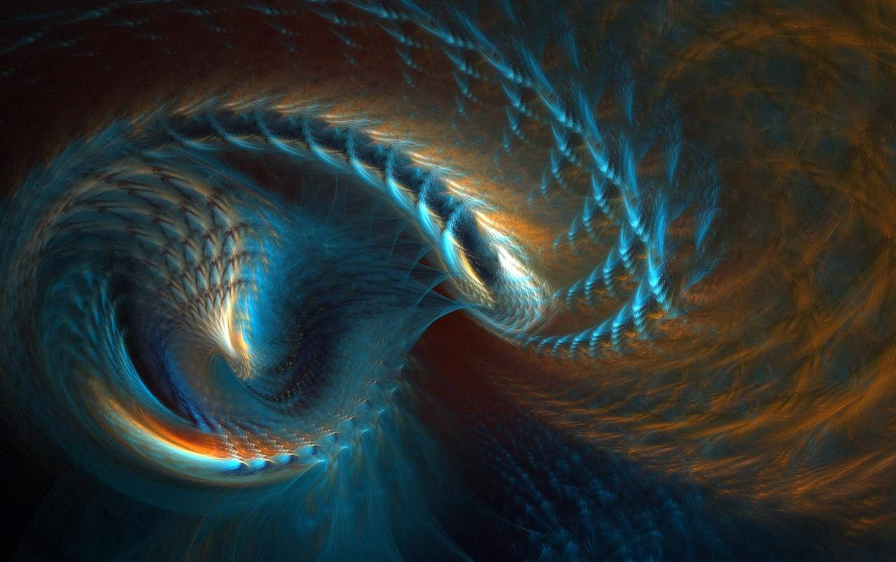 一個在宇宙虛空中旋轉的發光藍色和橙色分形漩渦。