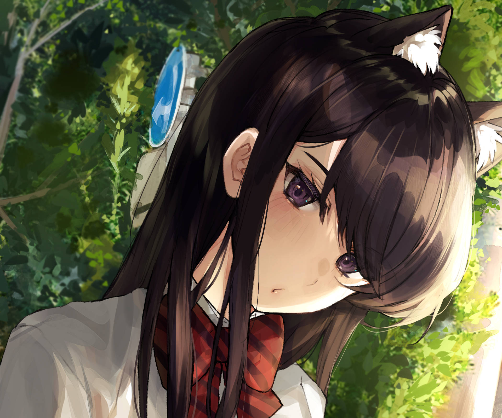 森林中穿著校服的貓耳動漫女孩