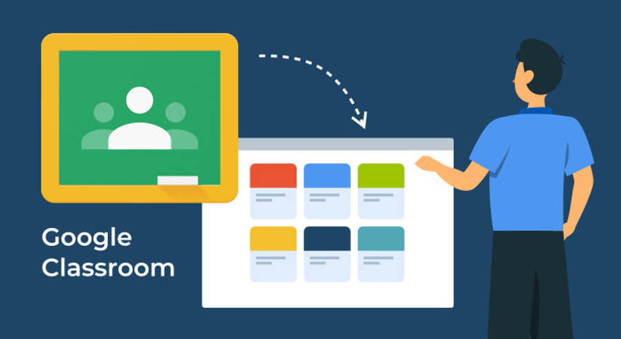 面向 Google Classroom 的圖形人物 壁紙 — 教師與數碼介面互動，將學生數據從黑板傳輸到Google Classroom儀表板。
