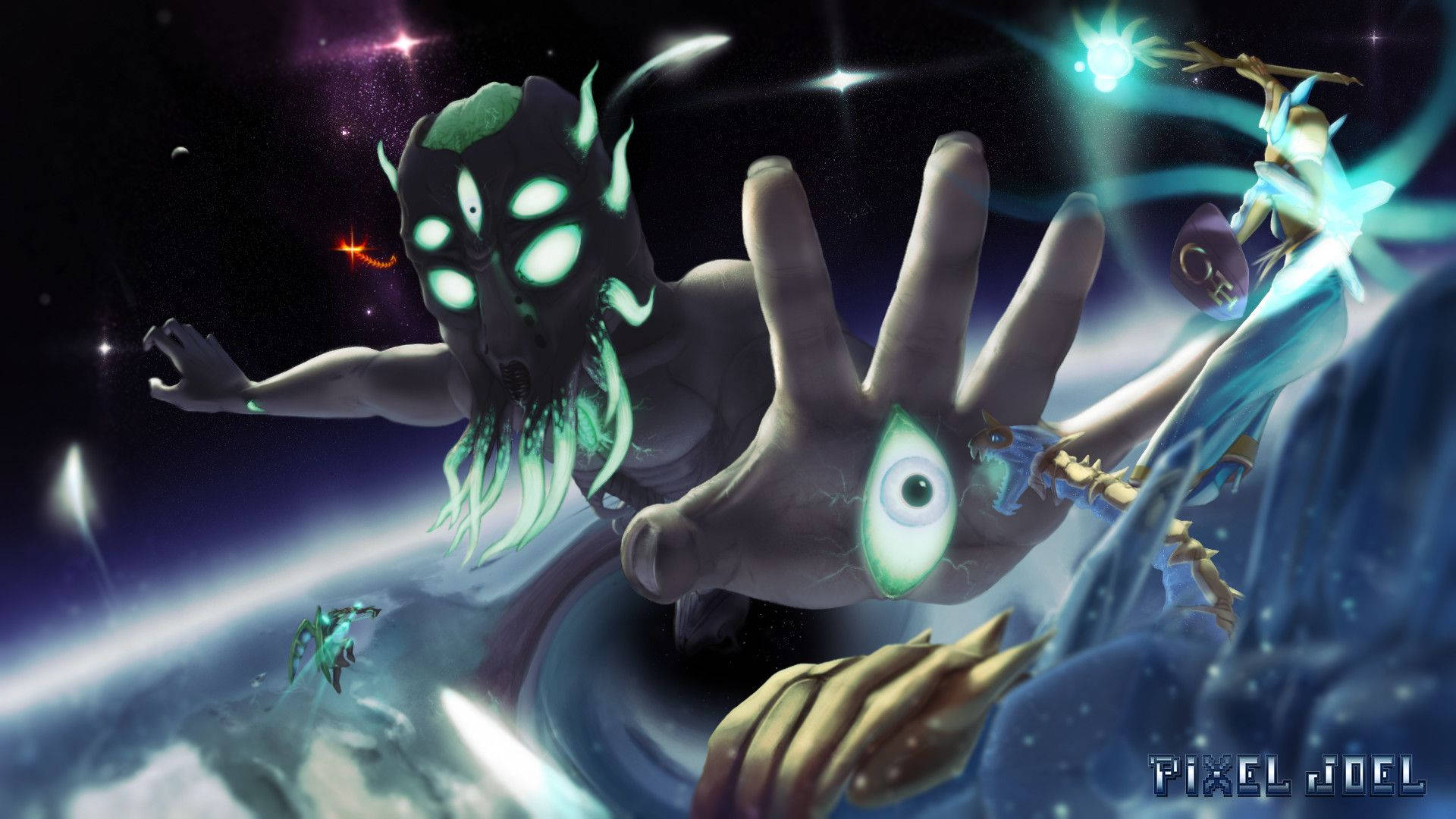 宇宙恐怖實體，擁有發光的眼睛和觸手，伸向星空中的一顆行星。