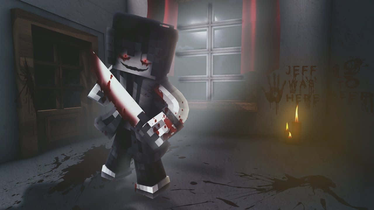 像素化Minecraft殺手在黑暗鬧鬼的房間裡拿著血淋淋的刀，有燭光和塗鴉。