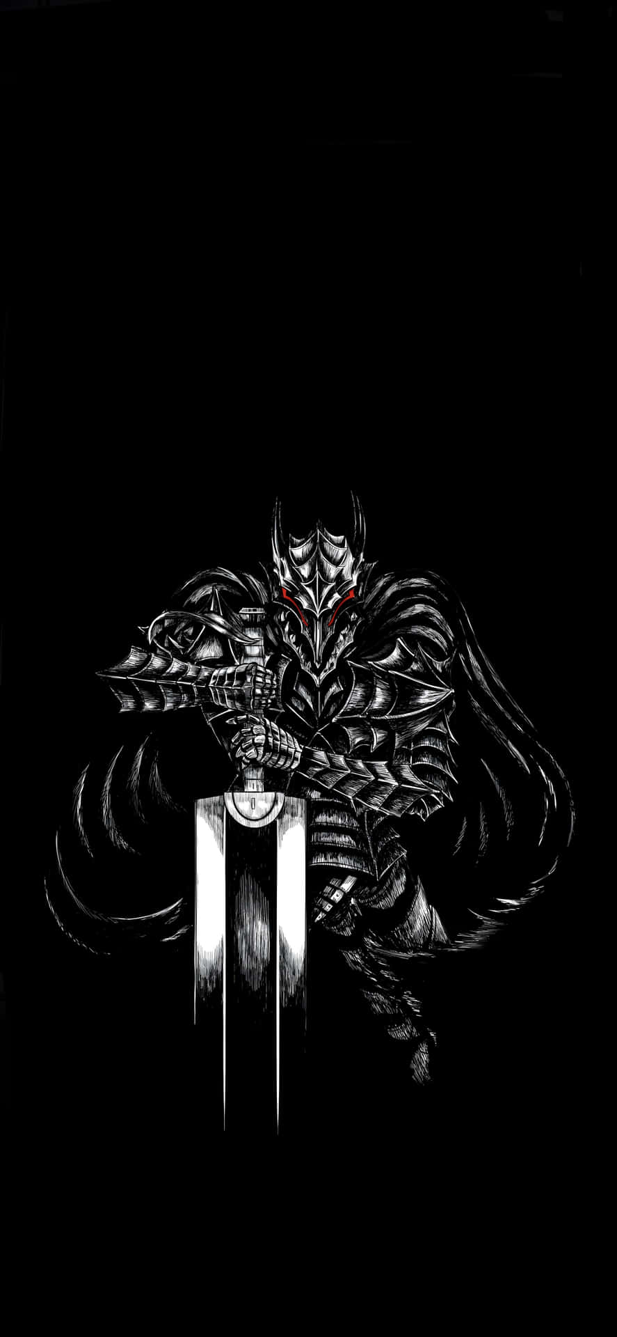 一個身穿華麗盔甲的惡魔戰士，在黑色背景前握著一把大劍。