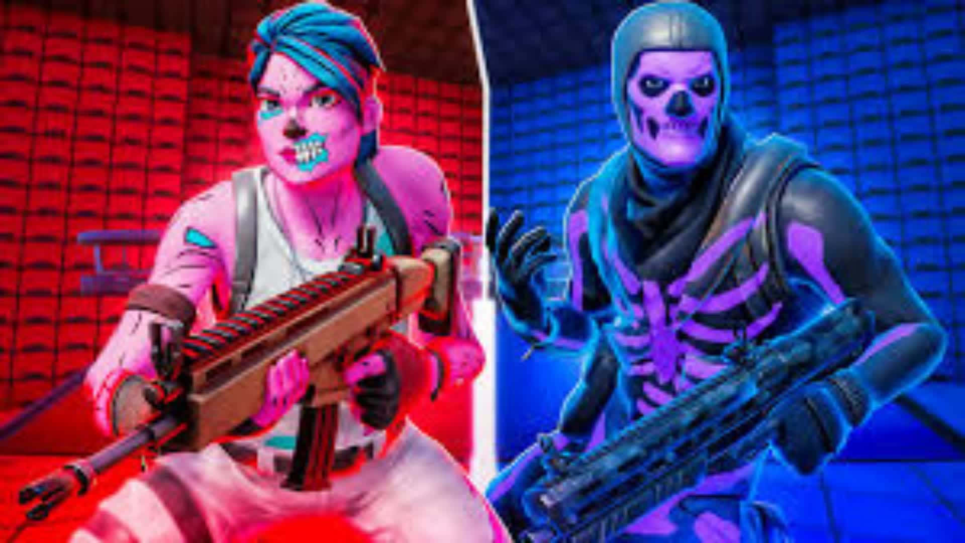兩個 Fortnite 角色在霓虹紅色和藍色房間裡拿著槍。