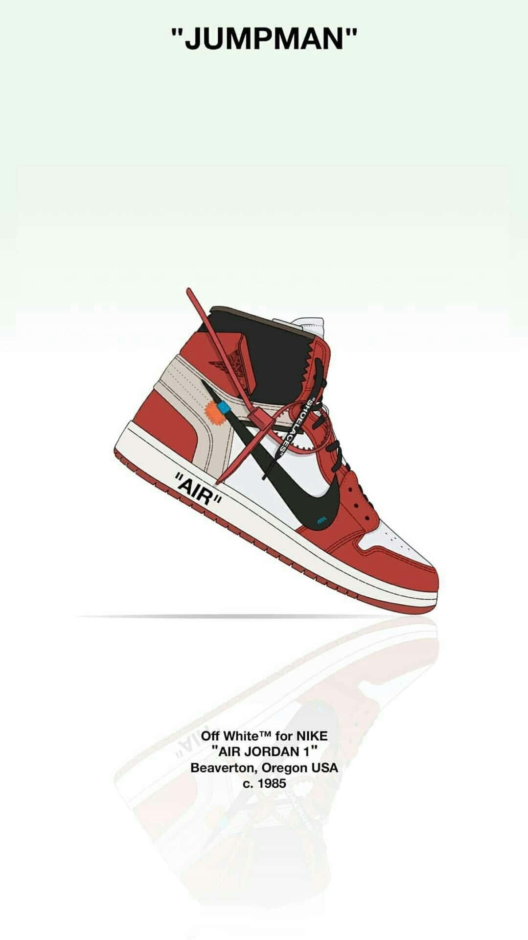 帶有反光表面的紅、白、黑 Off White x Air Jordan 1 運動鞋。
