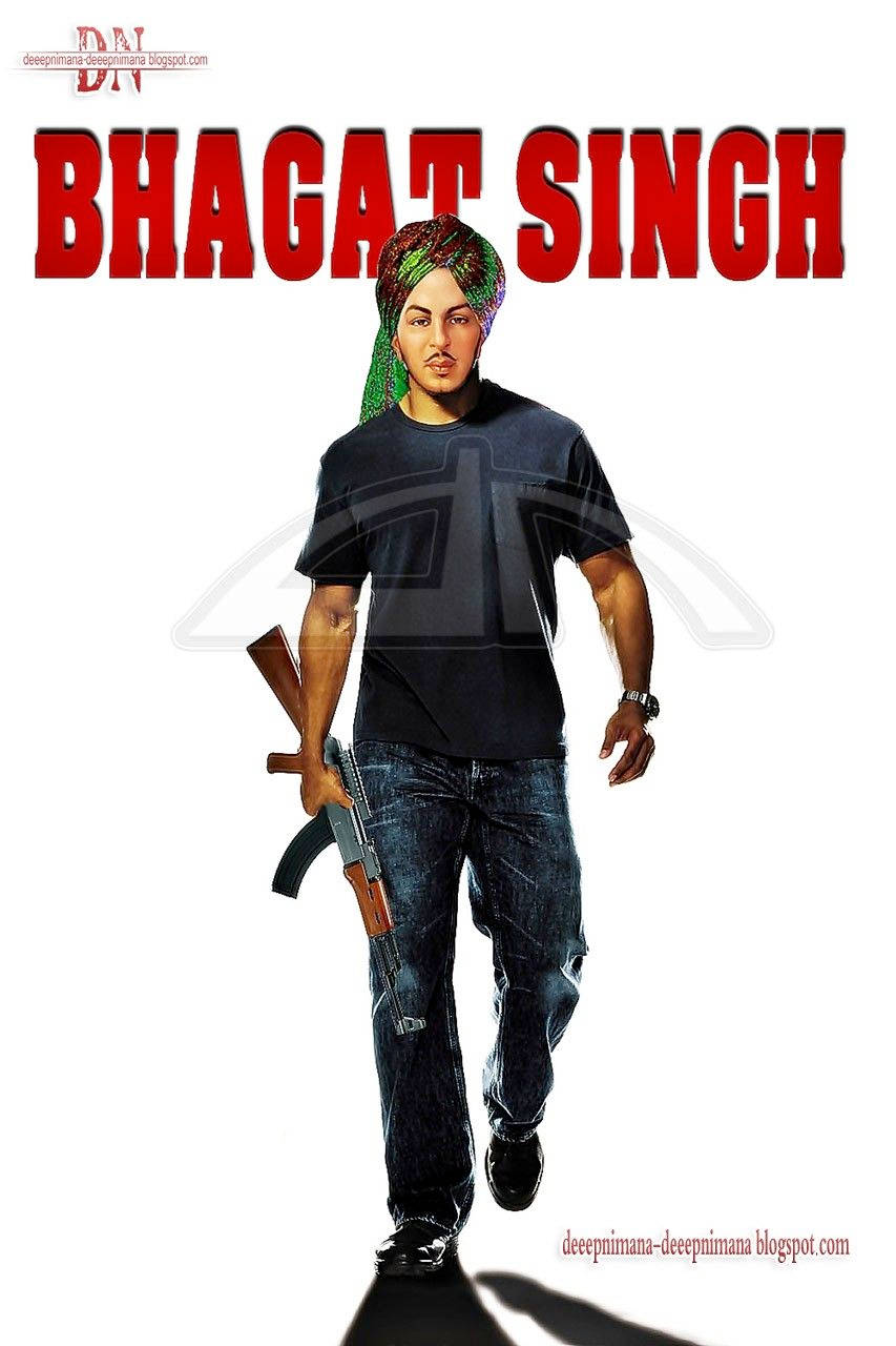 Bhagat Singh 身穿現代服裝手持AK-47嘅肖像。