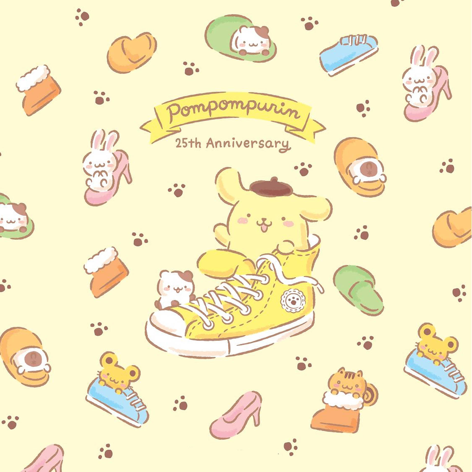 Pompompurin 25週年插圖，可愛的動物穿著鞋子和配件。 — 布甸狗 GIF 壁紙