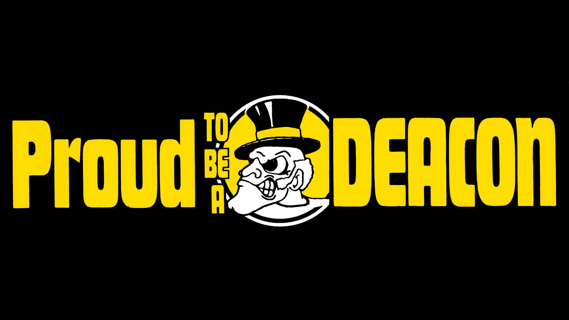 黑色背景上嘅黃色「Proud to be a Deacon」文字同卡通吉祥物。