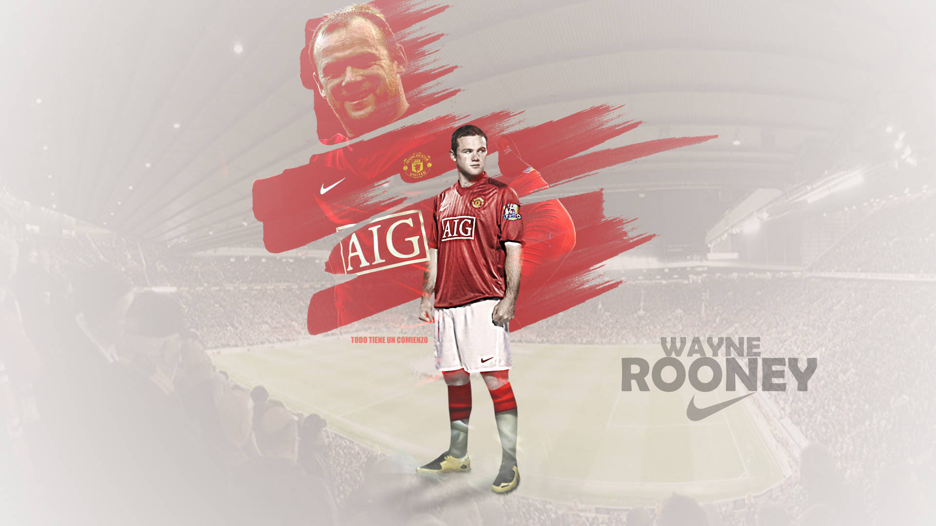 韋恩·魯尼 AIG 壁紙 — 韋恩·朗尼身穿紅色曼聯球衣，自信地站在模糊的球場上，身後有醒目的紅色筆觸圖案。