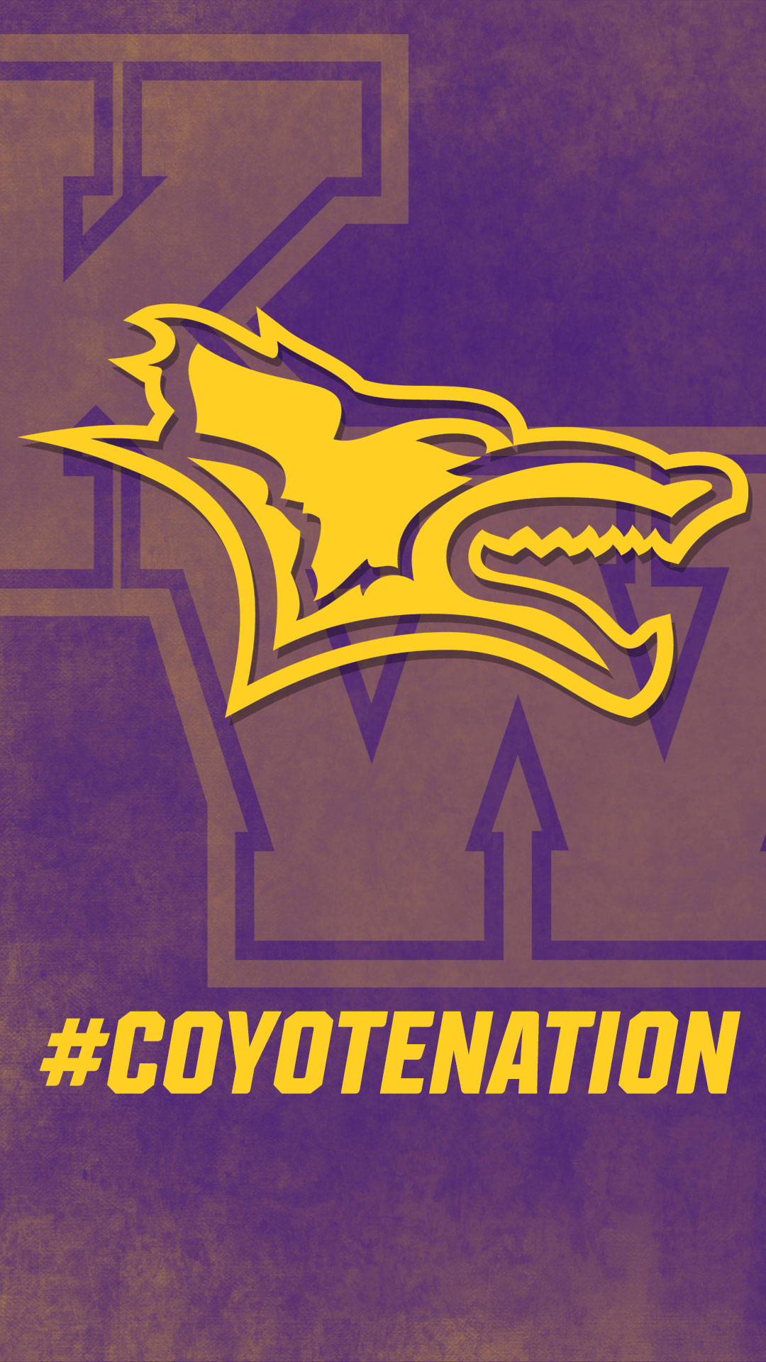 紫色和黃色郊狼吉祥物標誌，帶有標籤Coyotenation，置於有紋理背景上