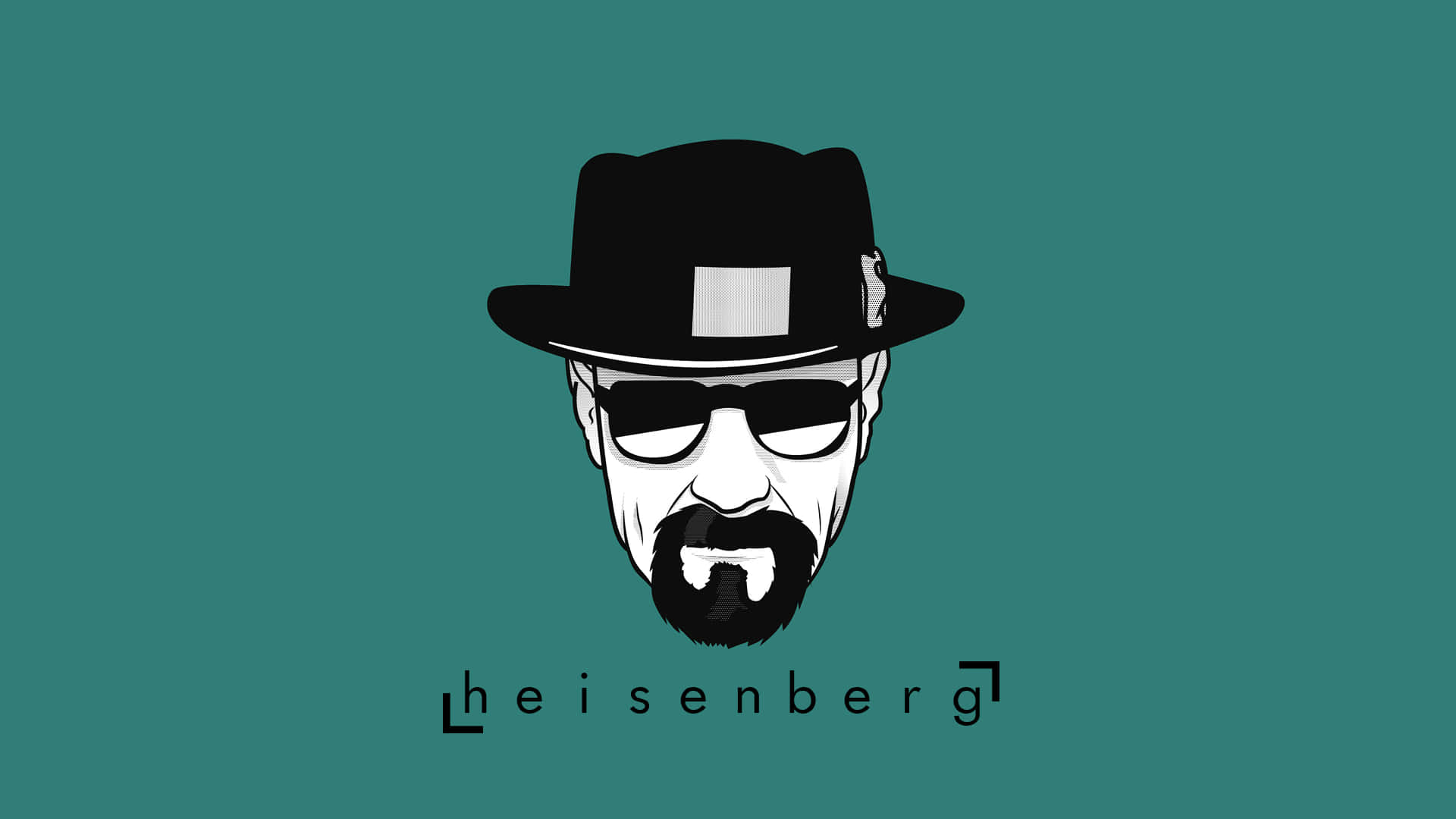 韋爾特·懷特的權力崛起 壁紙 — 一幅風格化的黑白插圖，描繪 Walter White 飾演的 Heisenberg，戴著 fedora 帽和太陽眼鏡，背景為青綠色。