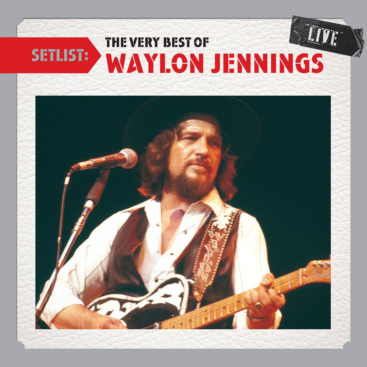 韋蘭·金尼恩斯《Setlist: The Very Best of Waylon Jennings》現場專輯封面 壁紙 — Waylon Jennings 在舞台燈光下戴著帽子和背心現場表演彈結他。