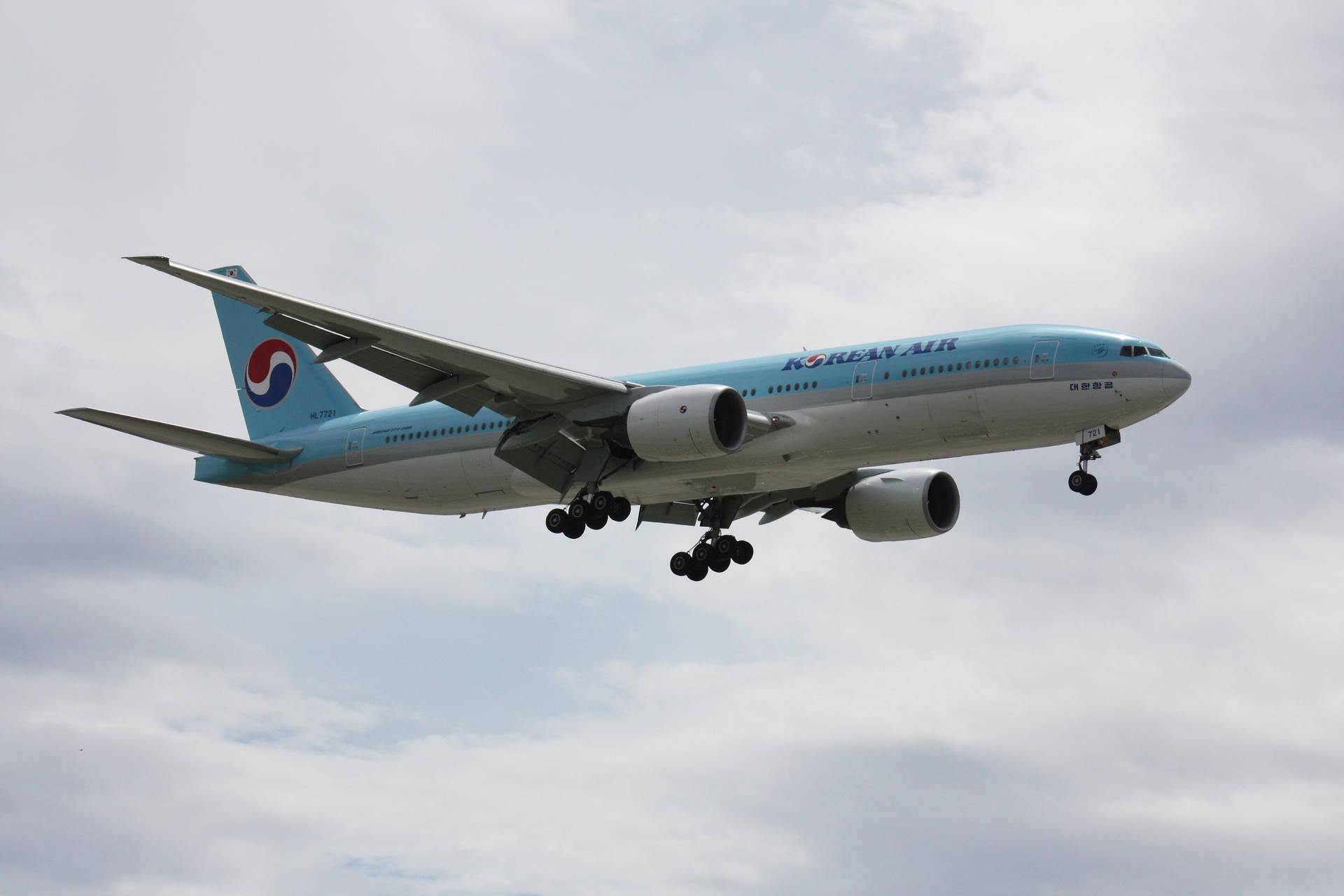 大韓航空飛機在陰天下放下起落架下降