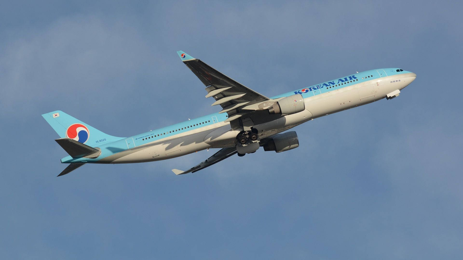 大韓航空飛機喺藍天飛行，起落架放下。
