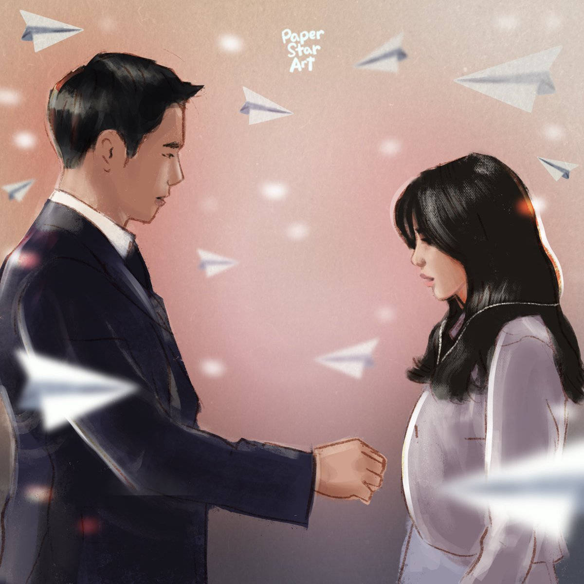 韓國《雪滴花》劇情藝術畫 壁紙 — 一幅溫柔的數碼插畫，描繪一男一女面對面，紙飛機在柔和的粉紅光芒中漂浮在他們周圍。