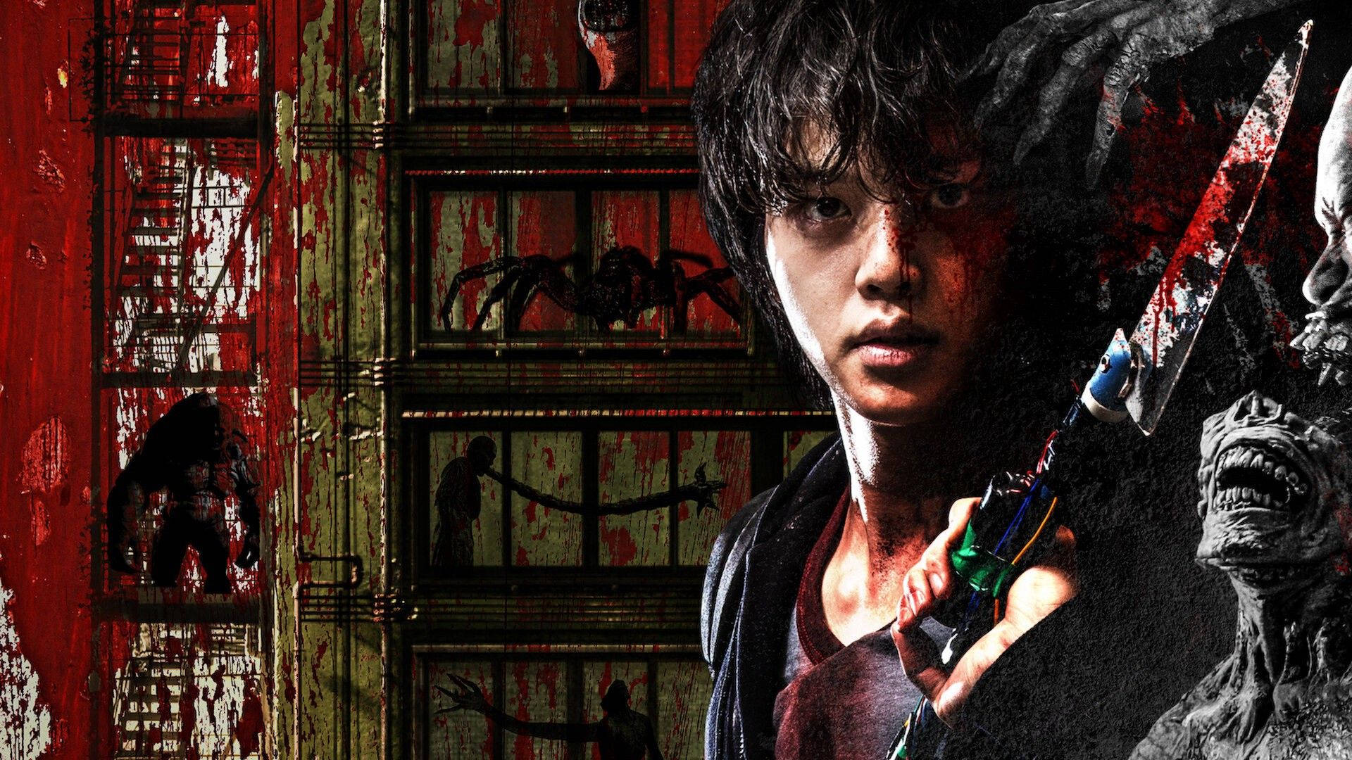 韓國Netflix《Sweet Home》 壁紙 — 一名滿臉鮮血的年輕男子緊握著一把血淋淋的刀，身後一扇濺滿紅色的金屬門中湧出怪誕的怪物。