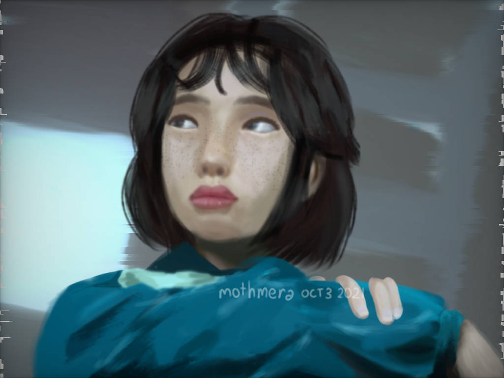 韓國三別客街景鳥瞰 壁紙 — 一位有雀斑和深色頭髮的年輕女性在柔和的數位繪畫中向上凝視，色調柔和，身穿青綠色上衣。