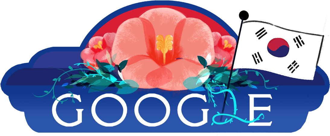 韓國主題Google Doodle 壁紙 — 一個風格化的Google標誌，上面裝飾著一朵大粉紅色木槿花和韓國國旗，背景是藍色雲朵。