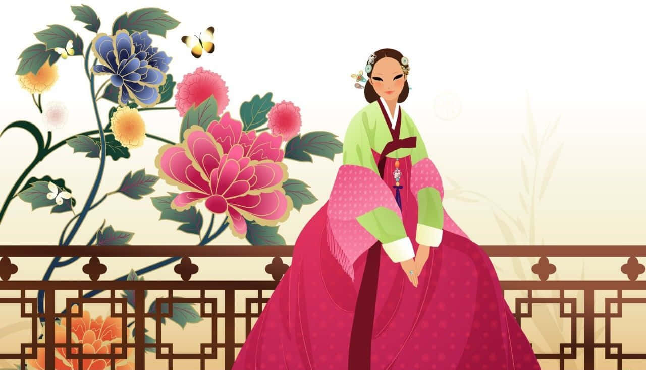 韓國之美在於都市天際線與自然景觀的強烈對比 壁紙 — 一位穿著傳統韓國韓服的女士優雅地站在鮮豔的粉紅色和藍色花朵旁邊，附近有一隻蝴蝶翩翩飛舞。