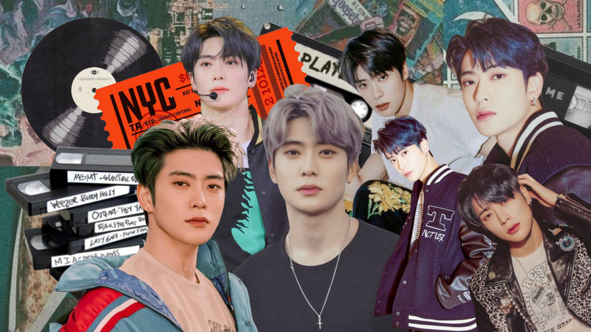 K-pop偶像在色彩繽紛的拼貼畫中，搭配紐約紀念品和復古媒體。