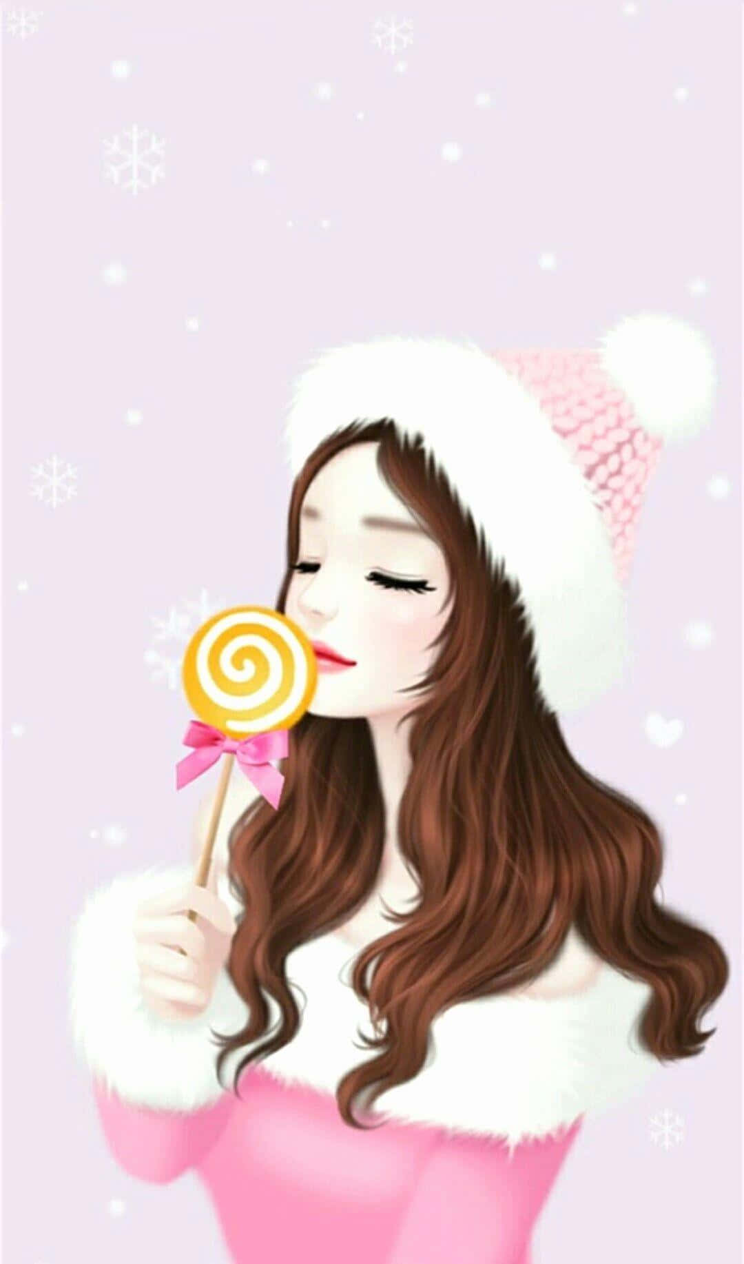 戴冬帽的女孩拿著漩渦棒棒糖，雪花飄落。