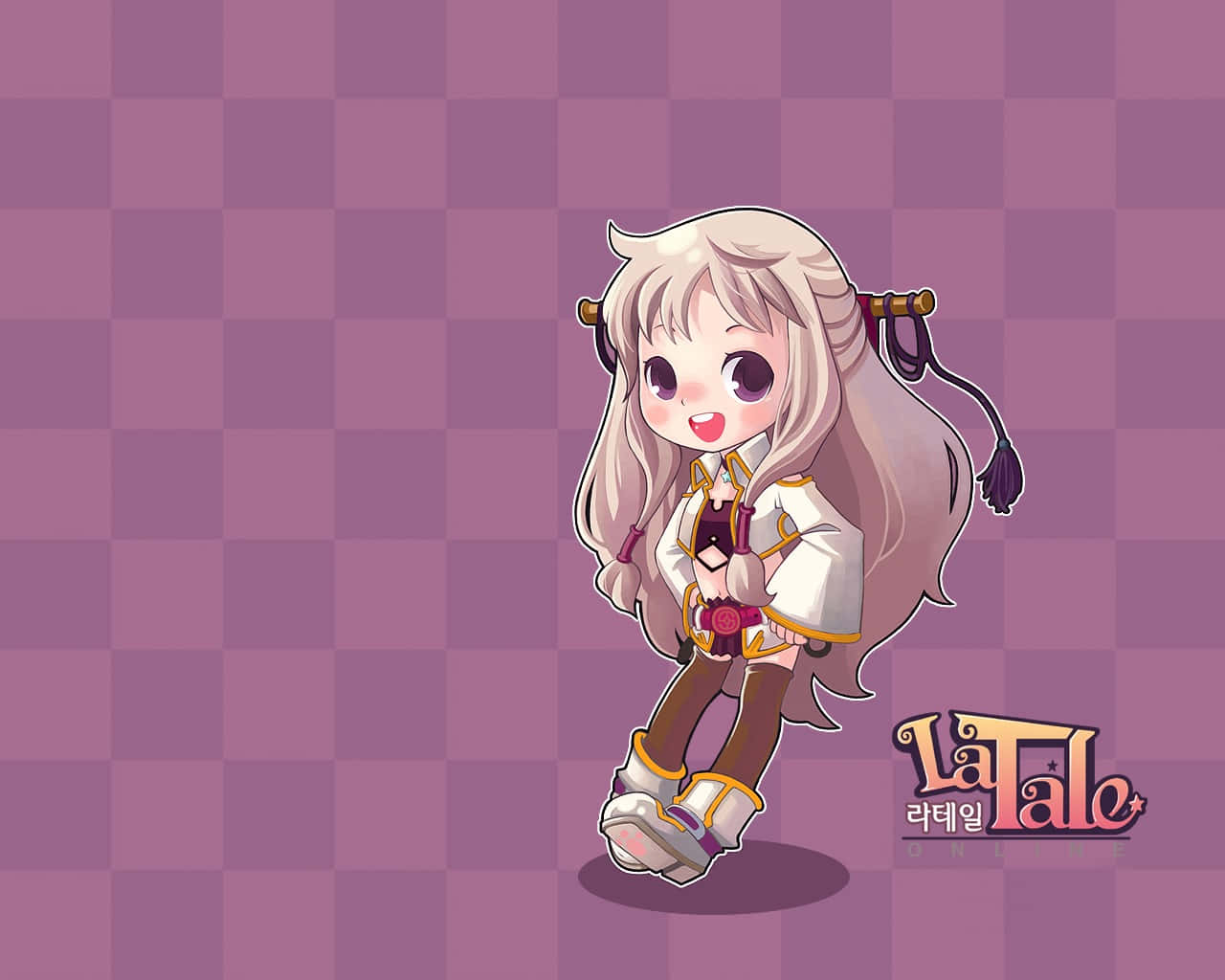 金髮紫眼的動漫女孩，穿著奇幻遊戲服裝。