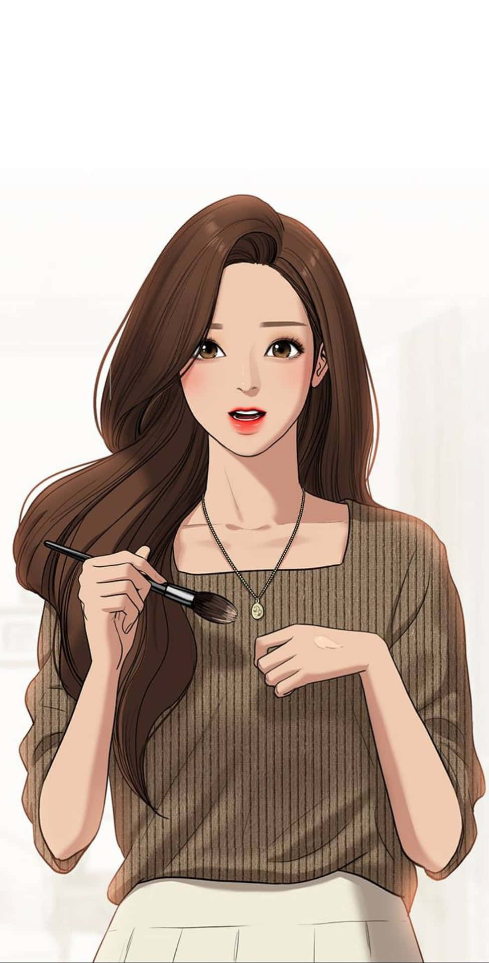 年輕女性身穿羅紋棕色上衣和白色裙子，手持化妝刷。
