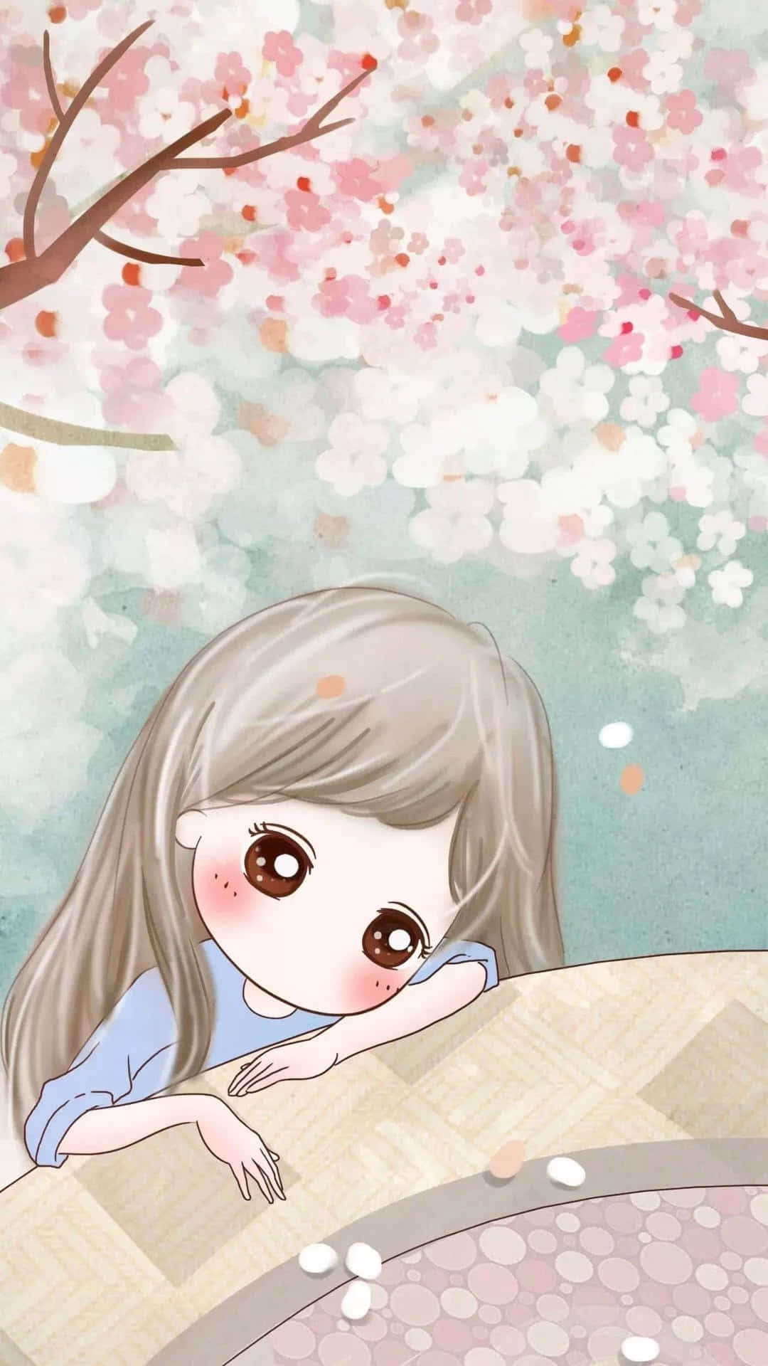 櫻花樹下大眼睛的動漫女孩