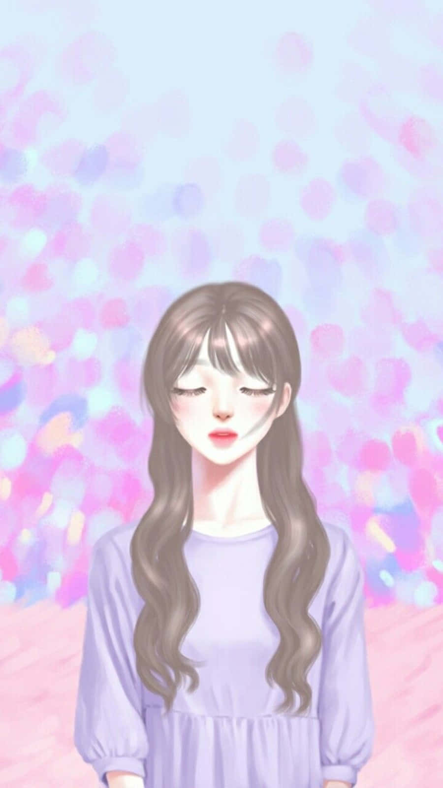 閉上眼睛同長頭髮嘅動漫女孩，喺粉彩散景背景中。 — 淡紫色 壁紙