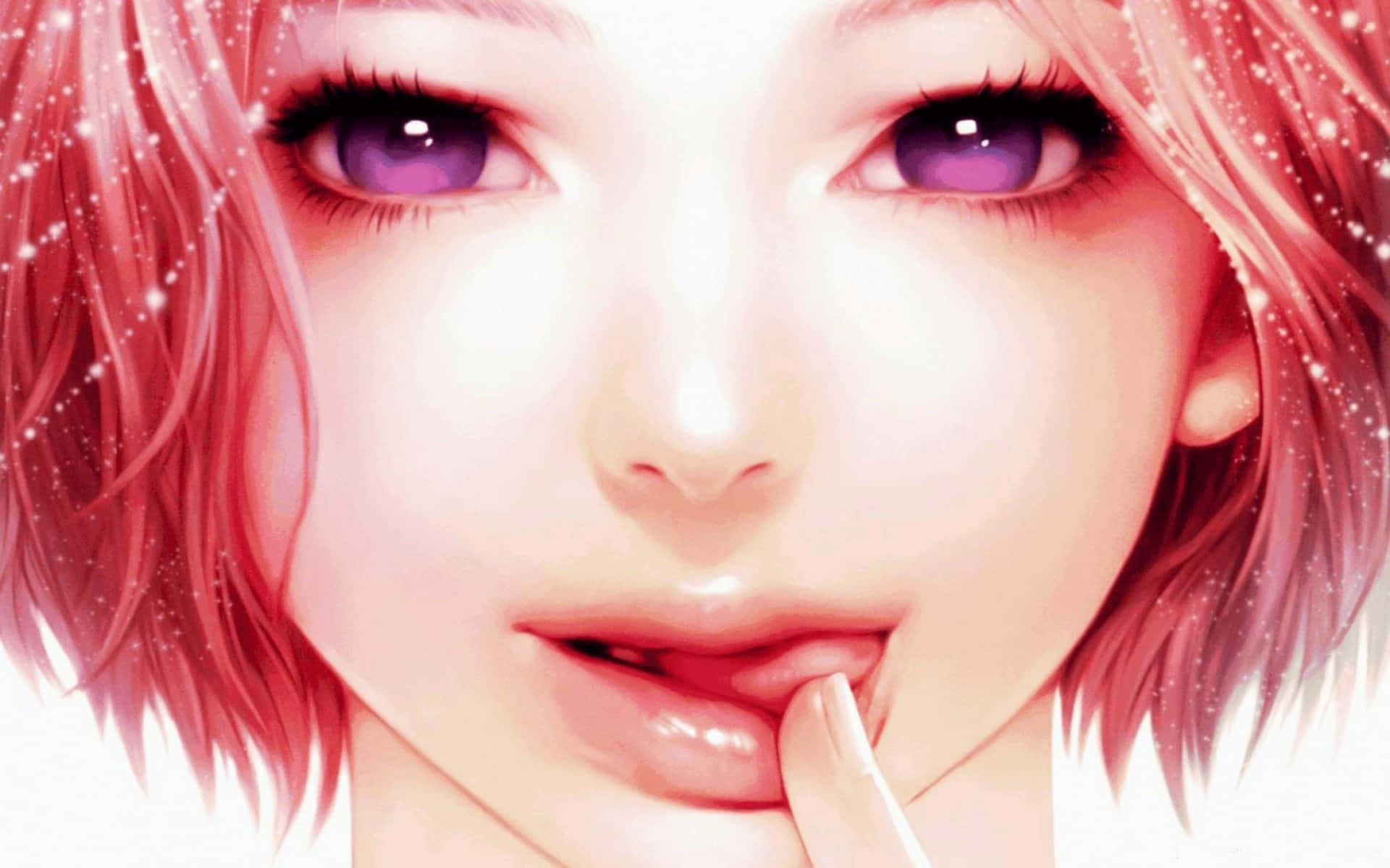 粉紅色頭髮、紫色眼睛的動漫女孩，咬著手指，帶有閃光。
