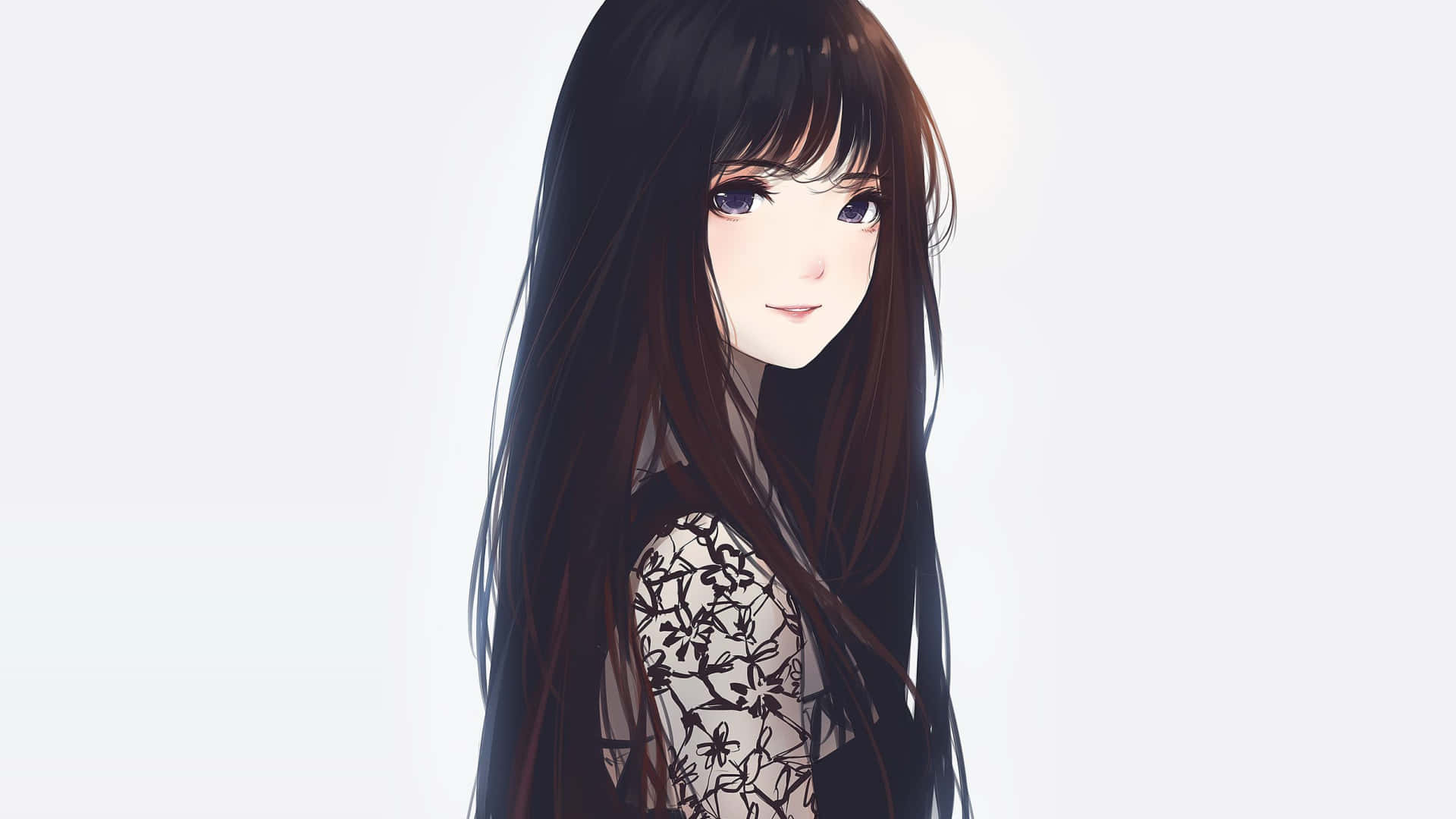 長黑髮、花卉蕾絲上衣的動漫女孩，白色背景