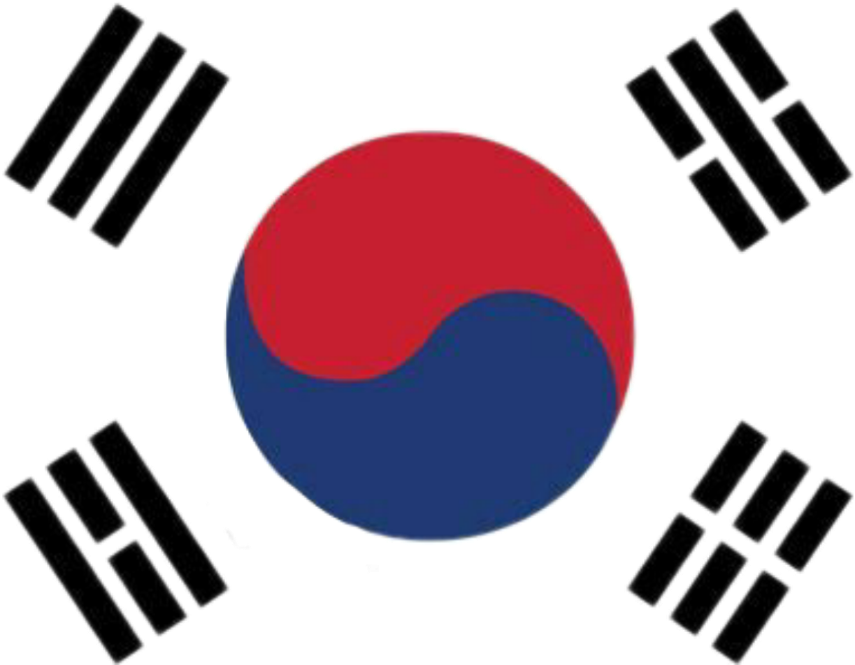 韓國國旗太極旗 壁紙 — 南韓國旗中央有一個紅藍太極圖案，白色背景的四角有四個黑色八卦符號。