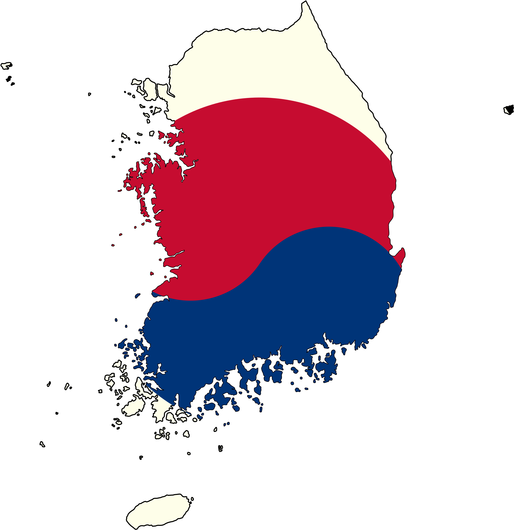 韓國地圖與國旗色彩疊加 壁紙 — 一個風格化的韓國地圖，充滿了國旗的紅藍陰陽和白色背景，背景為黑色。