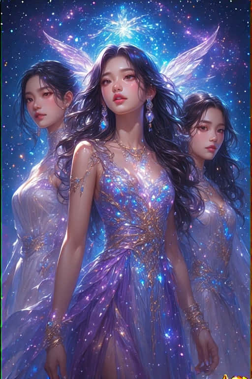 三位有翼女性，身穿閃爍紫裙，背景是星空的宇宙