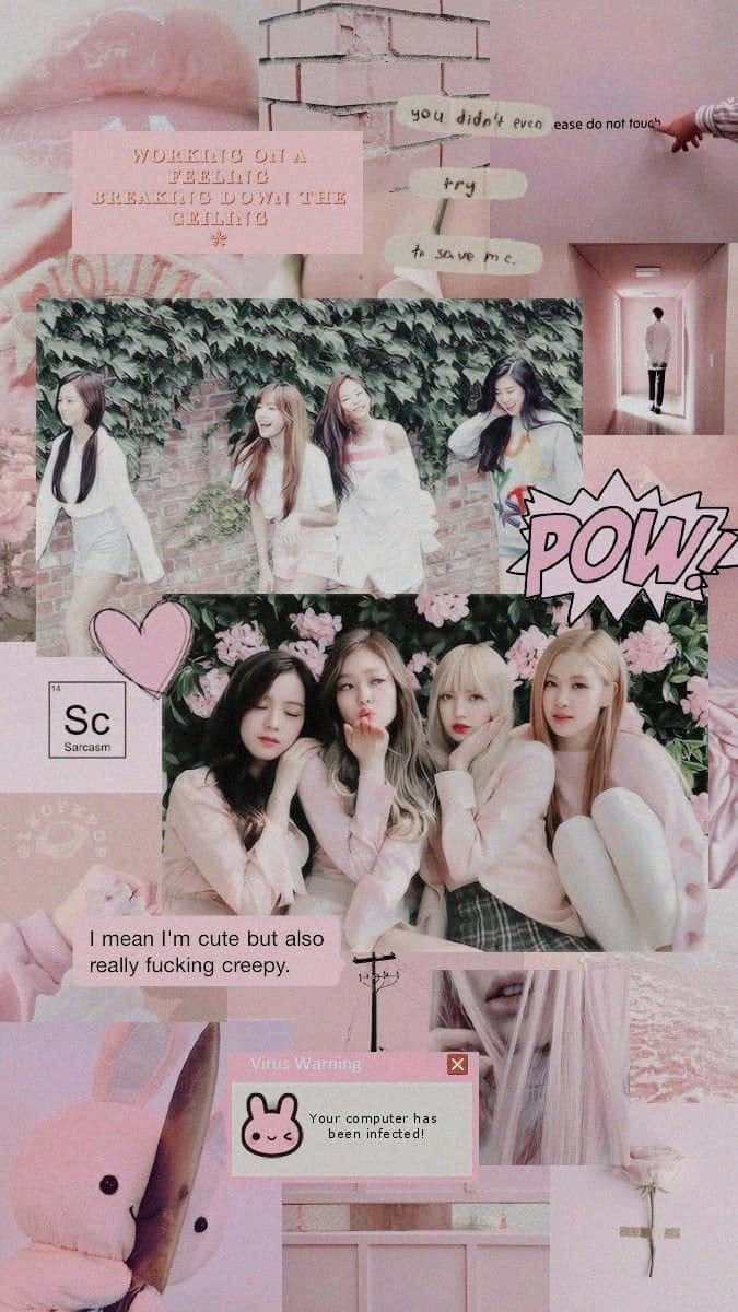 韓國女團BLACKPINK粉紅主題拼貼照 壁紙 — 以花卉和磚牆為背景，以粉紅色調拼貼K-pop偶像、手寫筆記、流行文化迷因和毛絨玩具。