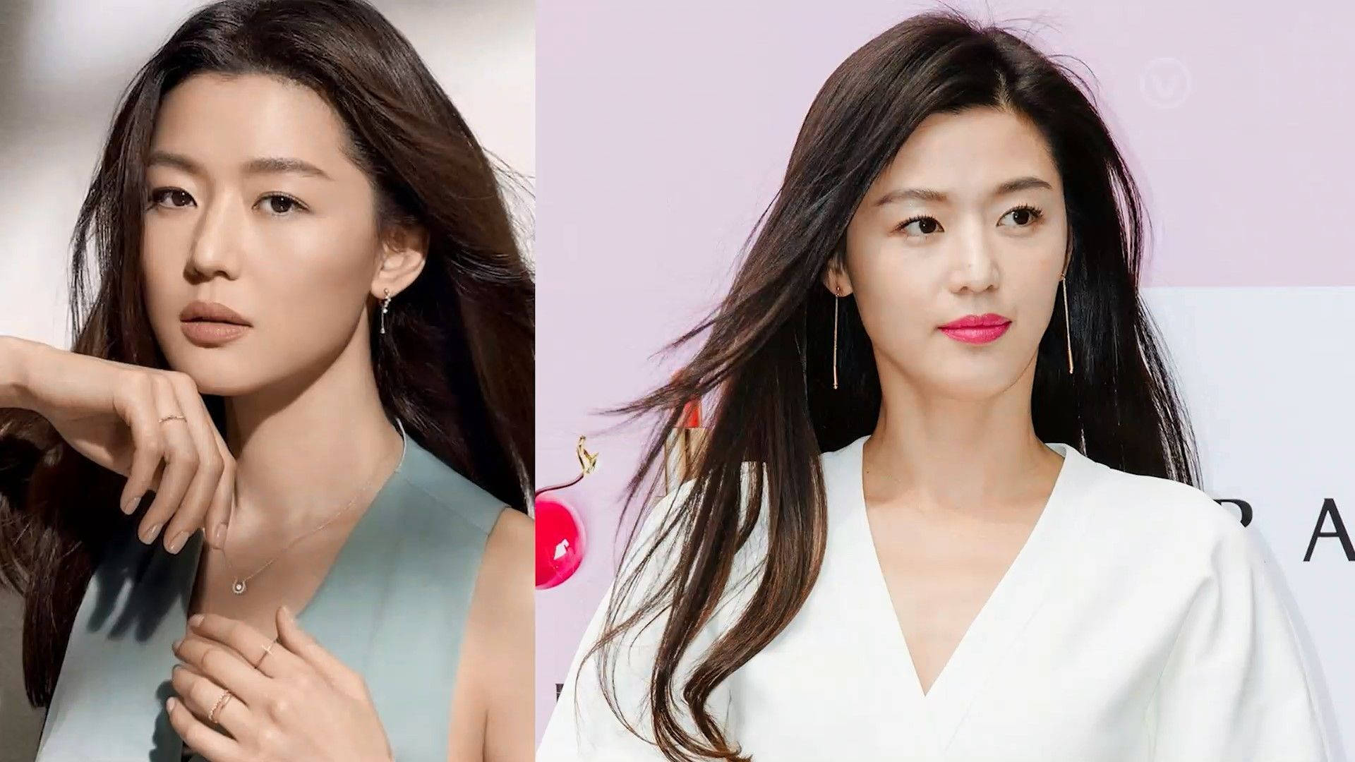 韓國女演員全智賢 壁紙 — 兩位優雅的亞洲女性，長長的黑髮，在工作室肖像中擺姿勢，一位穿著青綠色上衣，另一位穿著白色衣服，塗著粉紅色口紅。