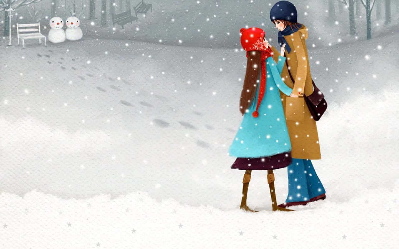 韓國海岸線鄉村風光 壁紙 — 一對情侶手拖手喺雪景公園散步，雪花喺佢哋周圍飄落，附近有兩個雪人同長凳。