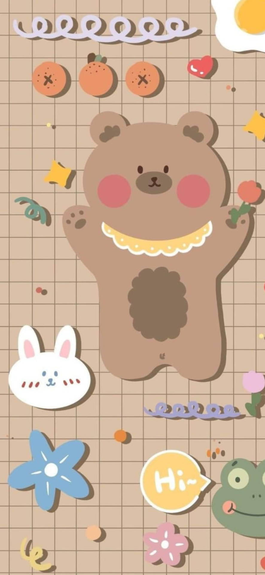 一隻快樂的卡通小熊，被動物和花朵圍繞在網格背景上。