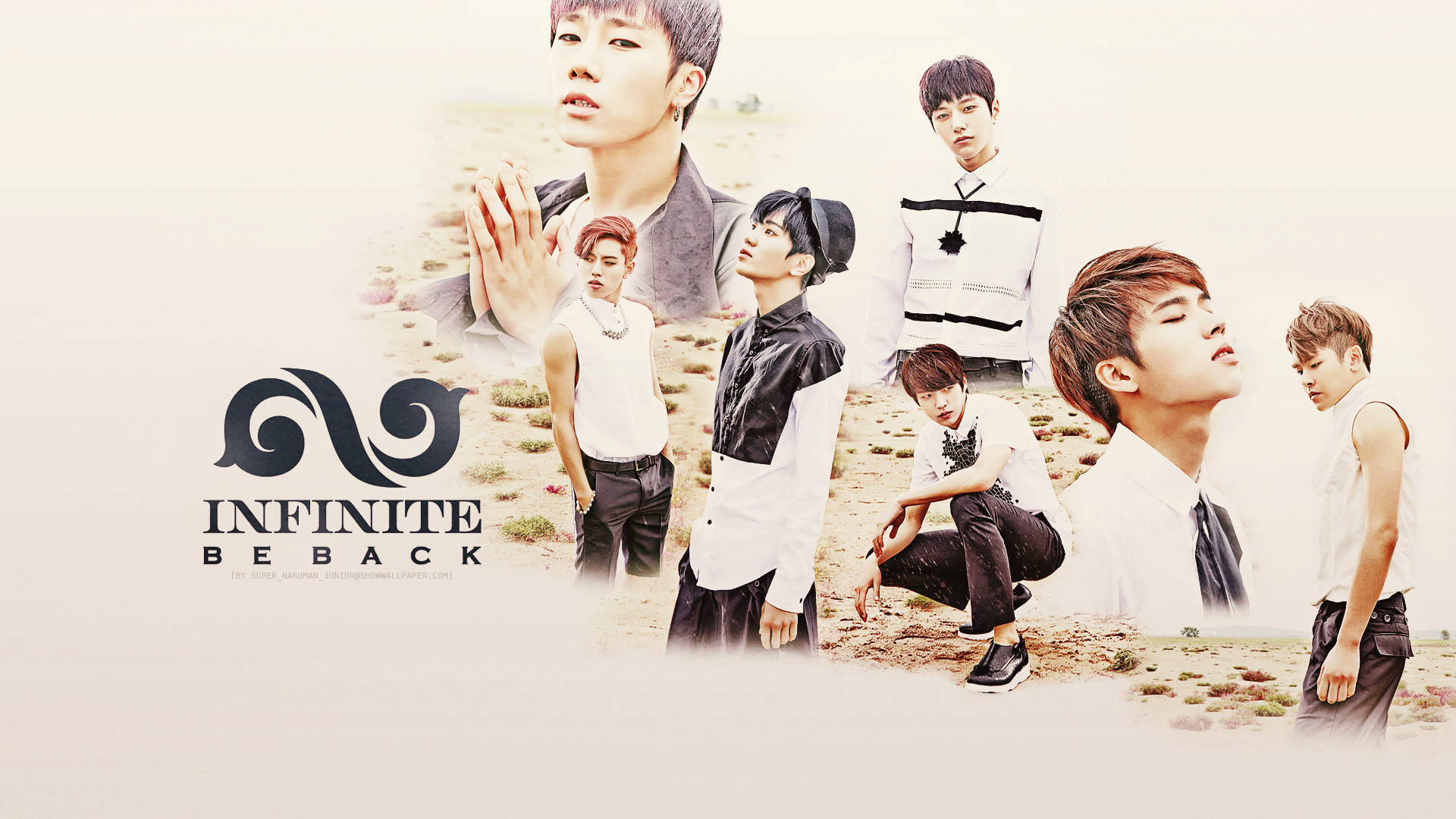 七位 K-pop 偶像在沙漠場景中為 Infinite Be Back 專輯。