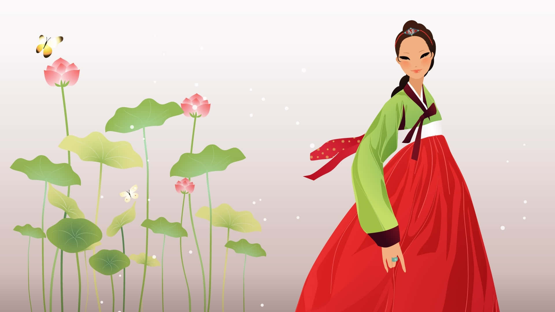 身穿傳統韓國韓服嘅女士與蓮花及蝴蝶
